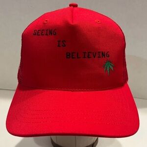 NWOT The Classics SnapBack Red Trucker Mesh Cap. ‘Seeing Is Believing’. One size